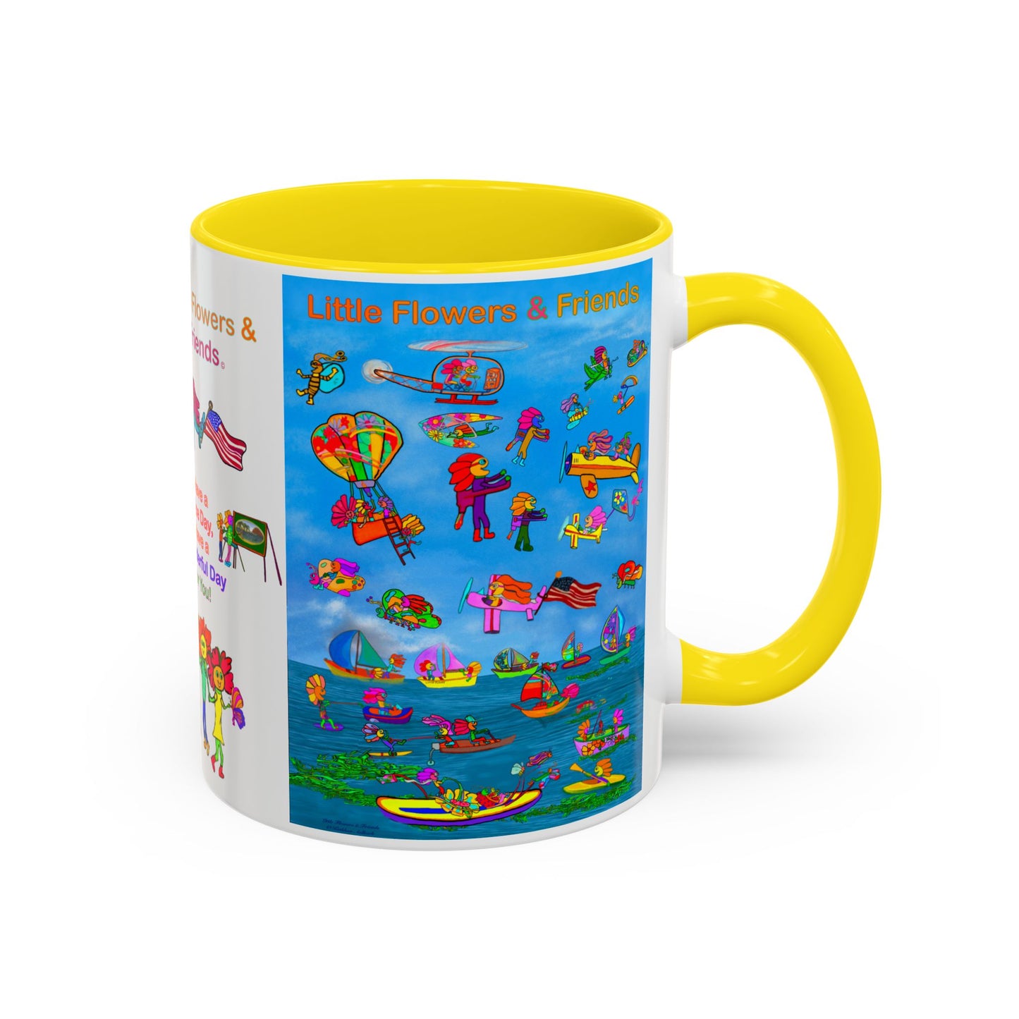 Whimsical Accent Coffee Mug - Enjoy a Wonderful Day with Little Flowers & Friends