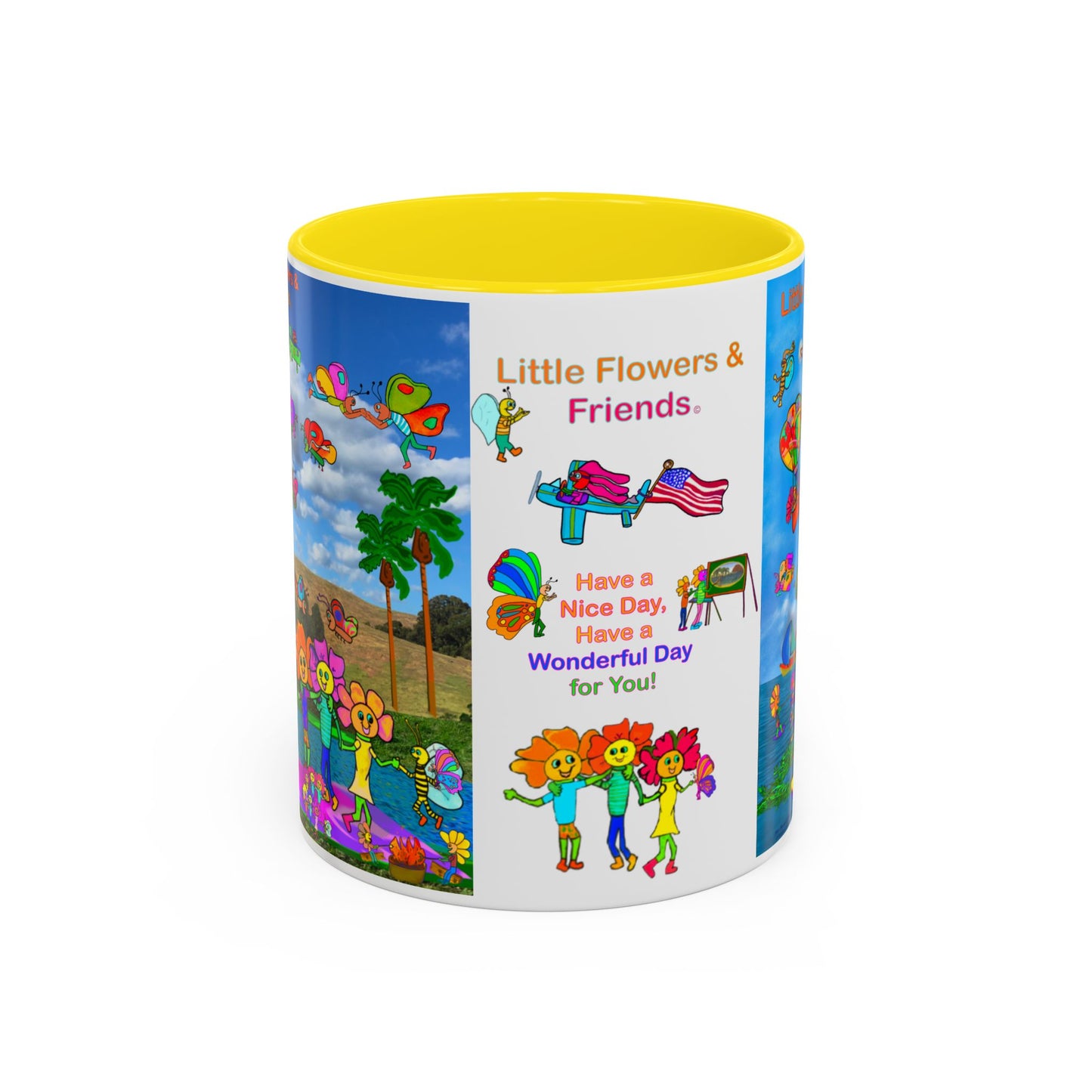 Whimsical Accent Coffee Mug - Enjoy a Wonderful Day with Little Flowers & Friends