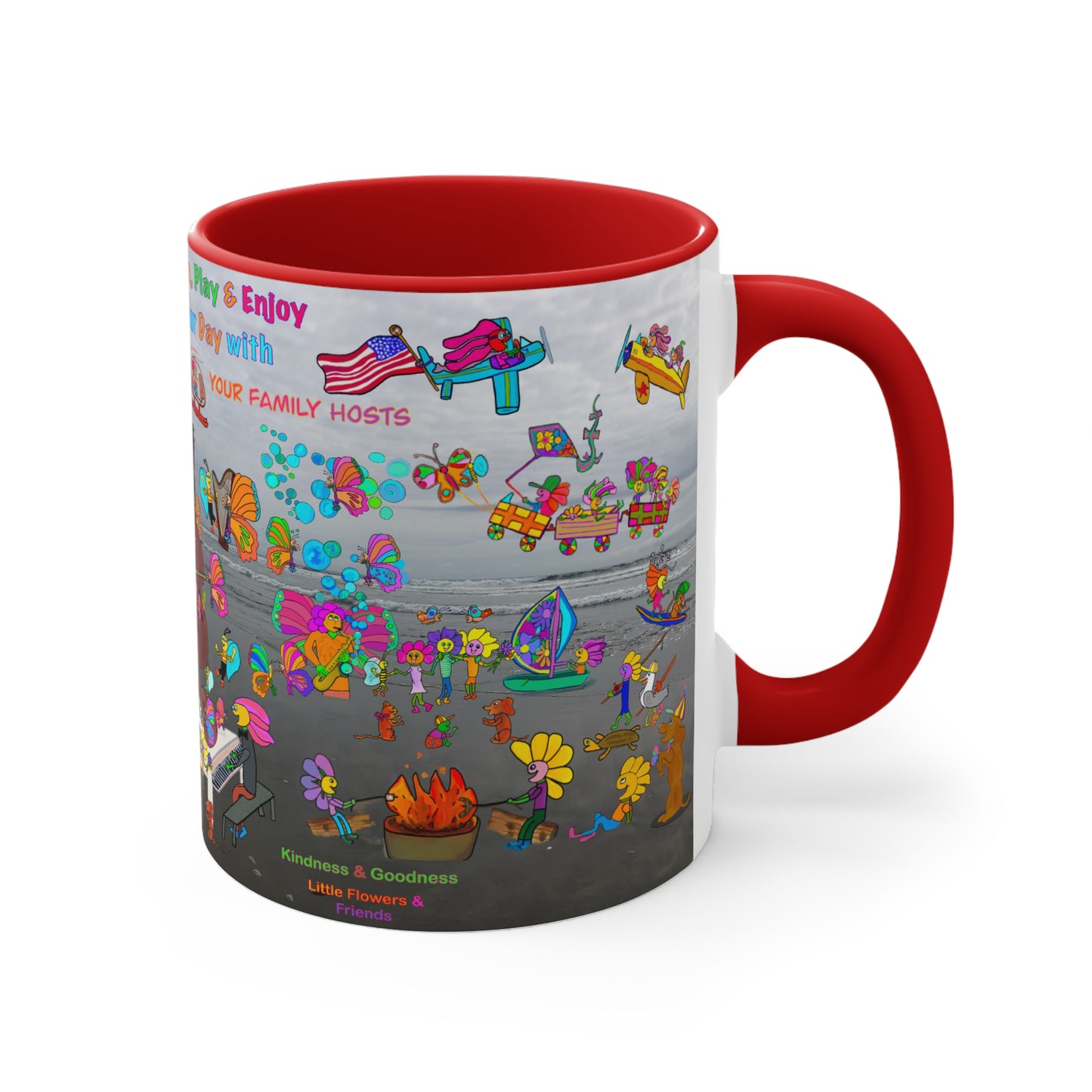 Accent Mug #P044, Beach Day, red, black and pink 11oz