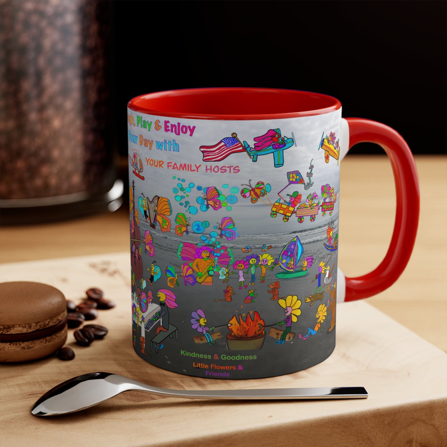 Accent Mug #P044, Beach Day, red, black and pink 11oz