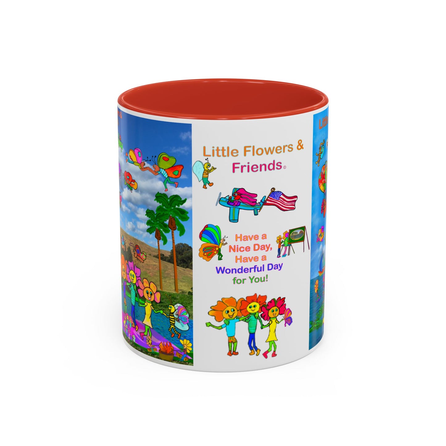 Whimsical Accent Coffee Mug - Enjoy a Wonderful Day with Little Flowers & Friends