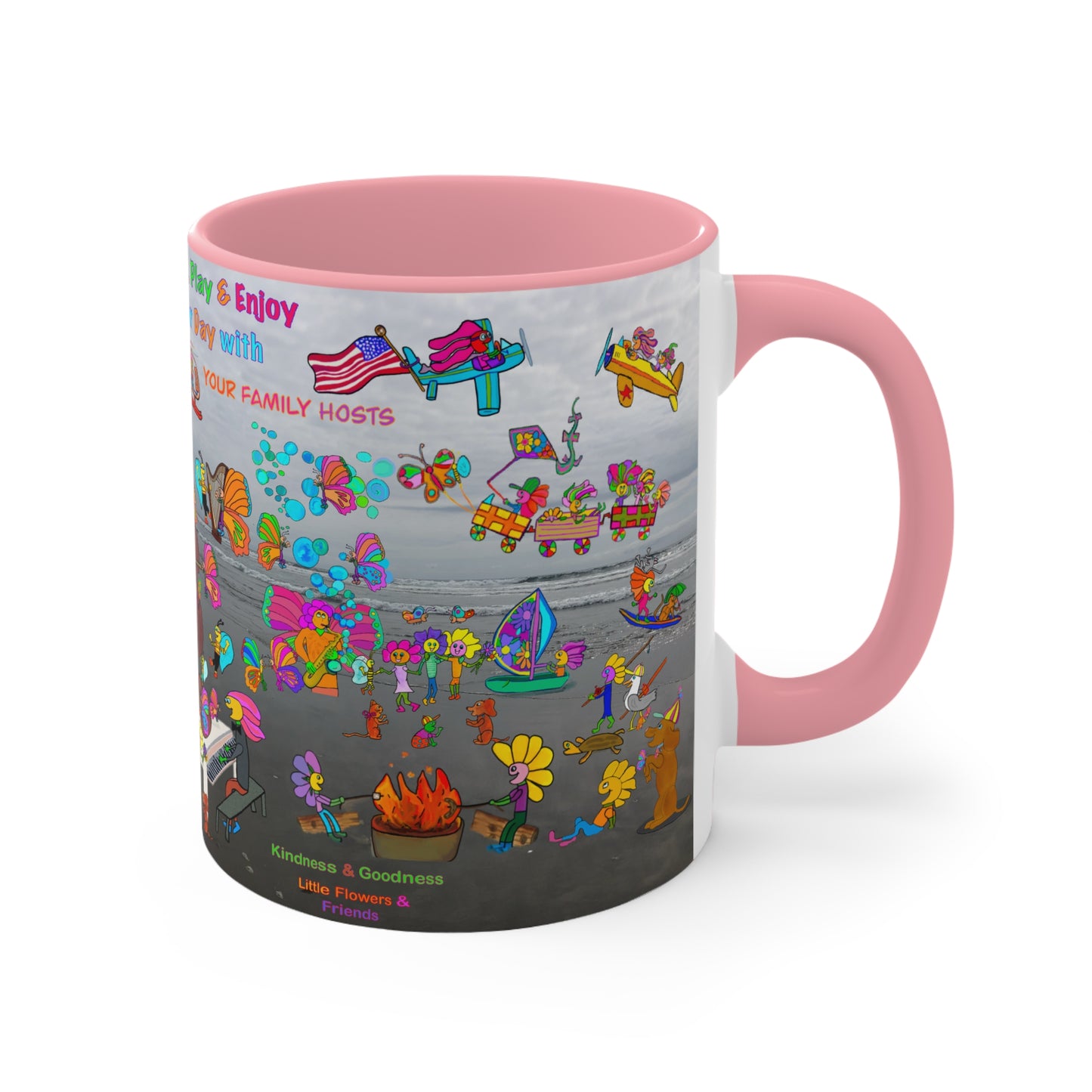 Accent Mug #P044, Beach Day, red, black and pink 11oz