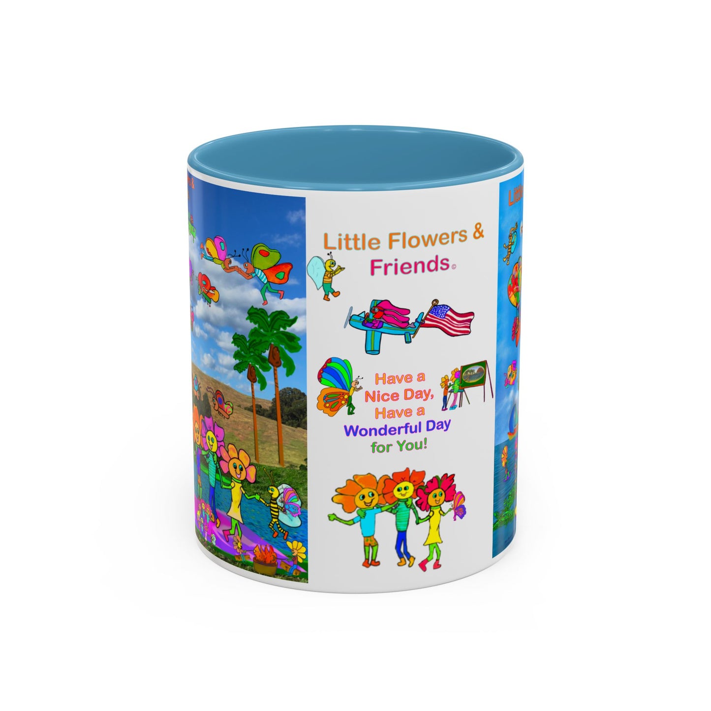 Whimsical Accent Coffee Mug - Enjoy a Wonderful Day with Little Flowers & Friends