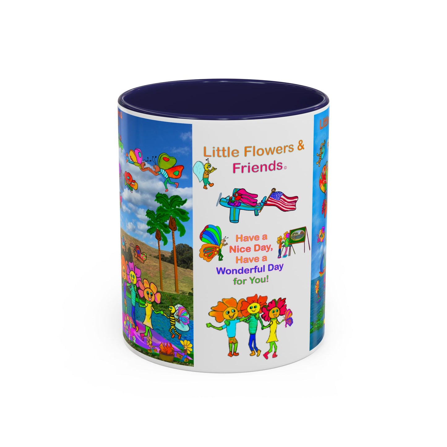 Whimsical Accent Coffee Mug - Enjoy a Wonderful Day with Little Flowers & Friends