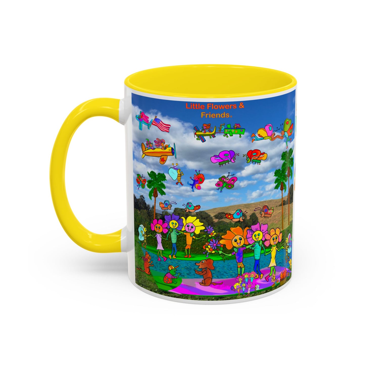 Whimsical Accent Coffee Mug - Enjoy a Wonderful Day with Little Flowers & Friends