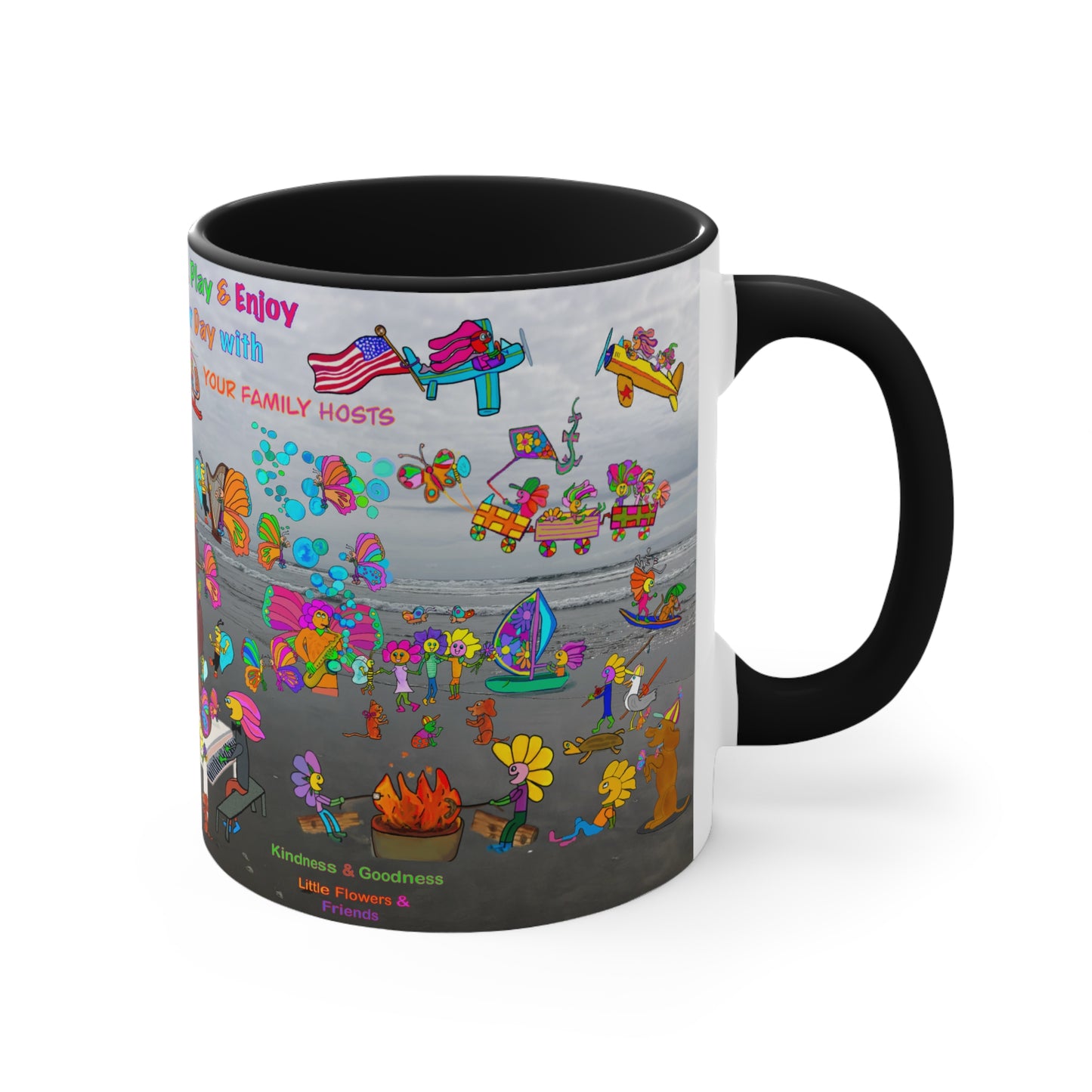 Accent Mug #P044, Beach Day, red, black and pink 11oz
