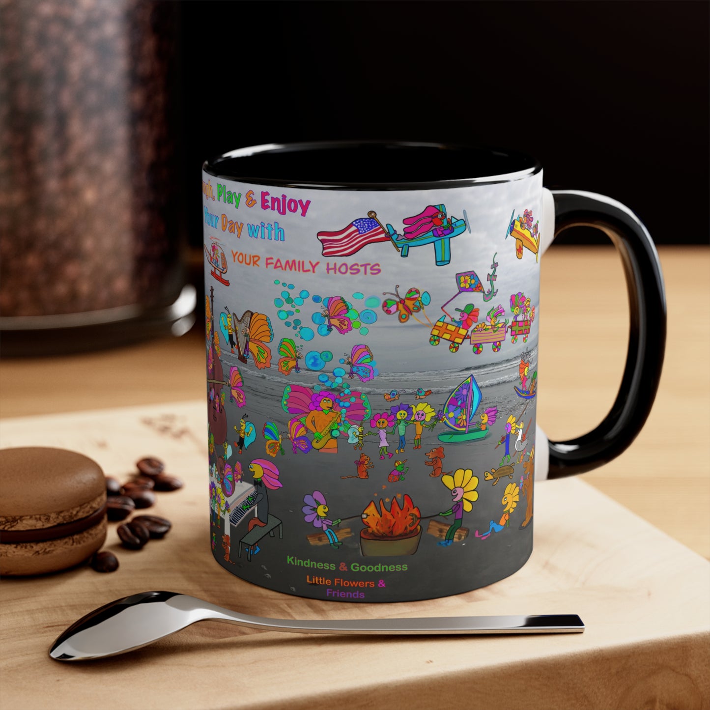 Accent Mug #P044, Beach Day, red, black and pink 11oz