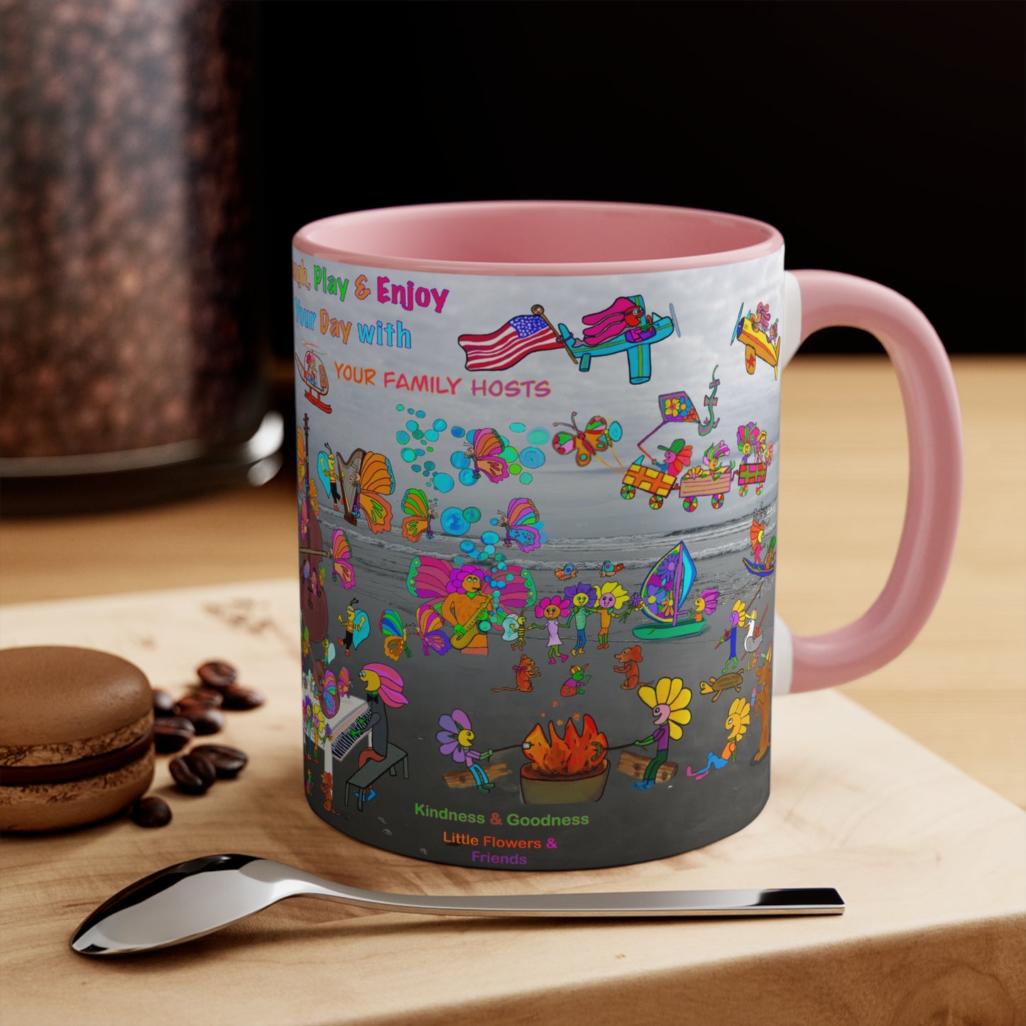 Accent Mug #P044, Beach Day, red, black and pink 11oz